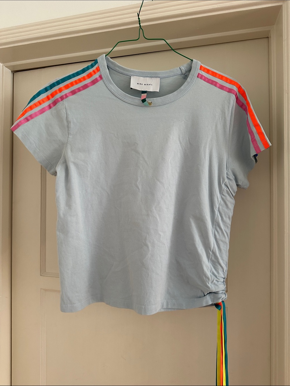 Mira Mikati Light Blue Tee with Teal, Orange & Pink Shoulder Stripes